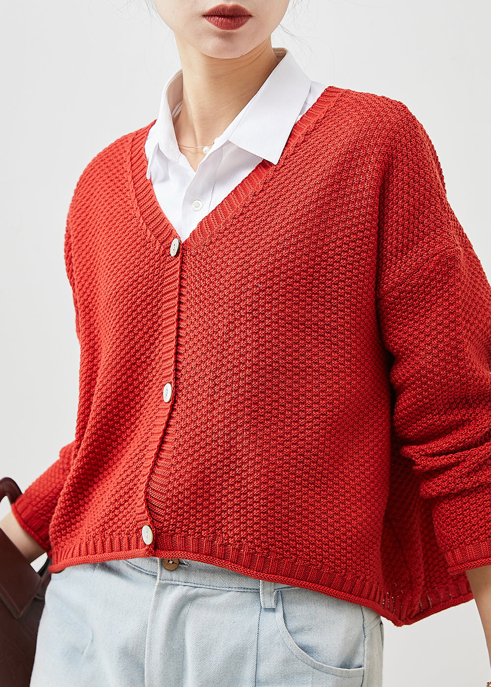 Plus Size Red Button Down Knit Loose Cardigan Spring YU1038 Ada Fashion