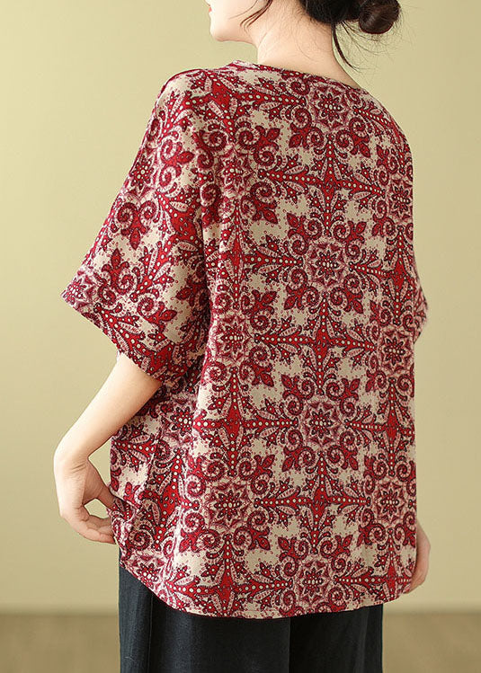 Plus Size Red O Neck Print Cotton Blouse Top Summer AP055 GK-STP240718
