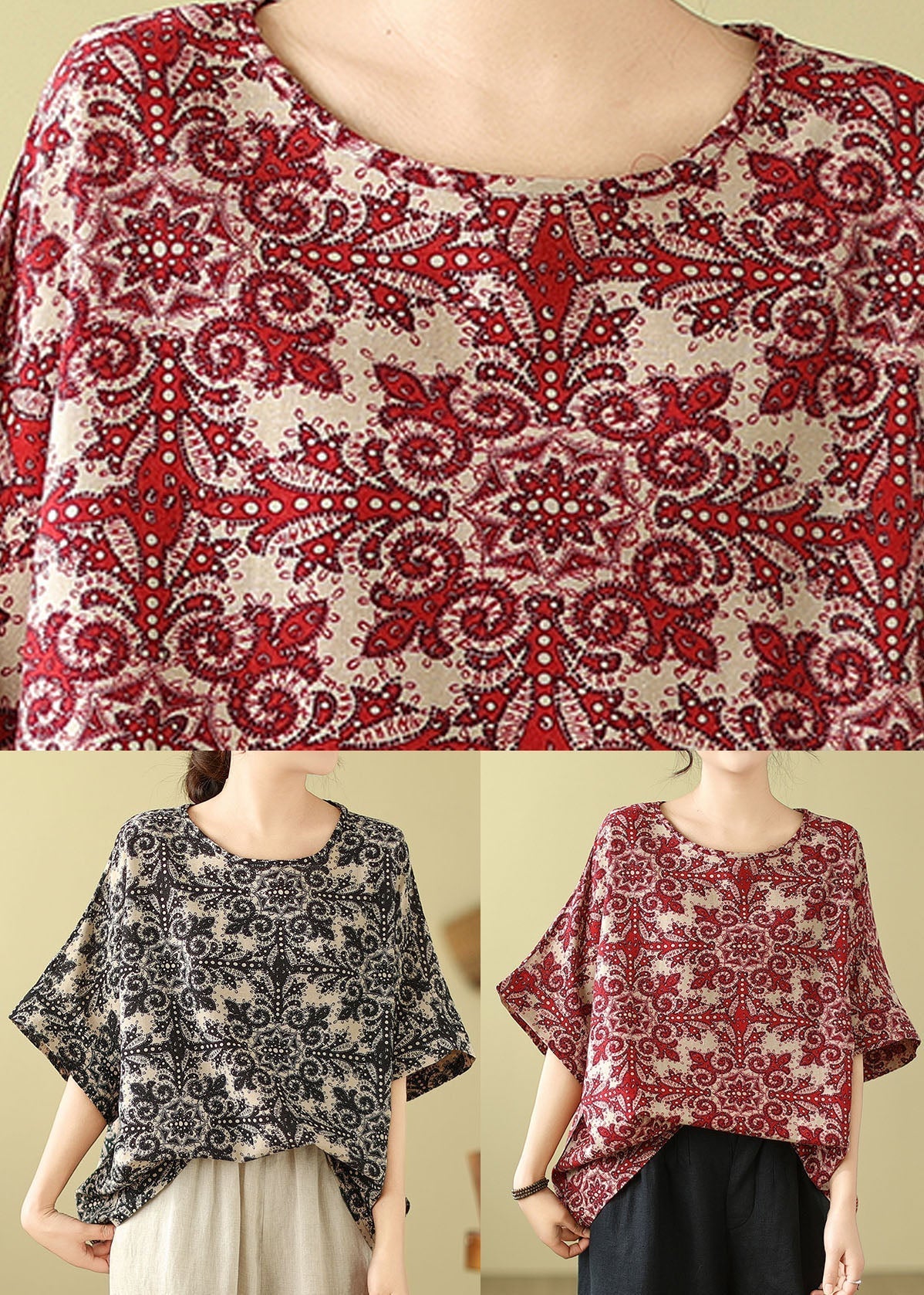 Plus Size Red O Neck Print Cotton Blouse Top Summer AP055 GK-STP240718