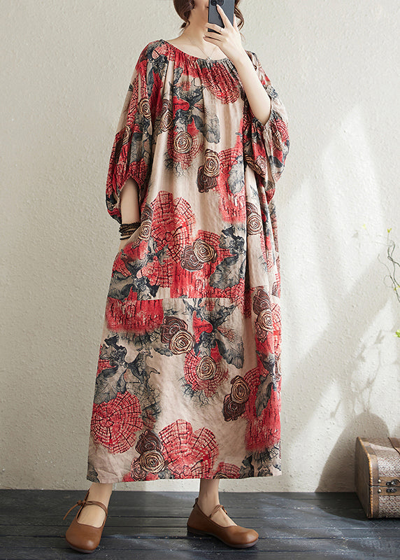 Plus Size Red O Neck Print Cotton Long Dress Puff Sleeve AP038 GK-SDL240718