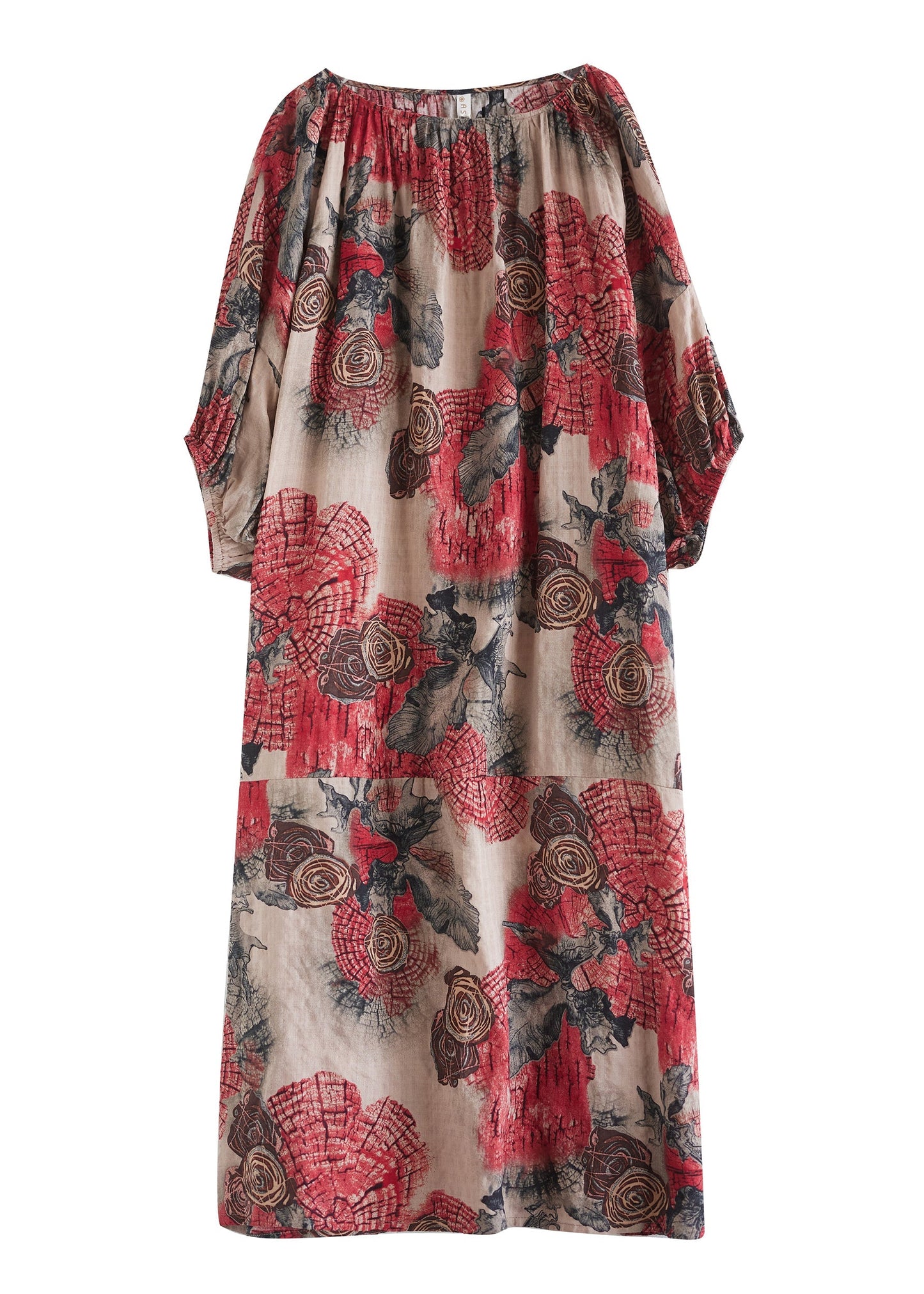 Plus Size Red O Neck Print Cotton Long Dress Puff Sleeve AP038 GK-SDL240718