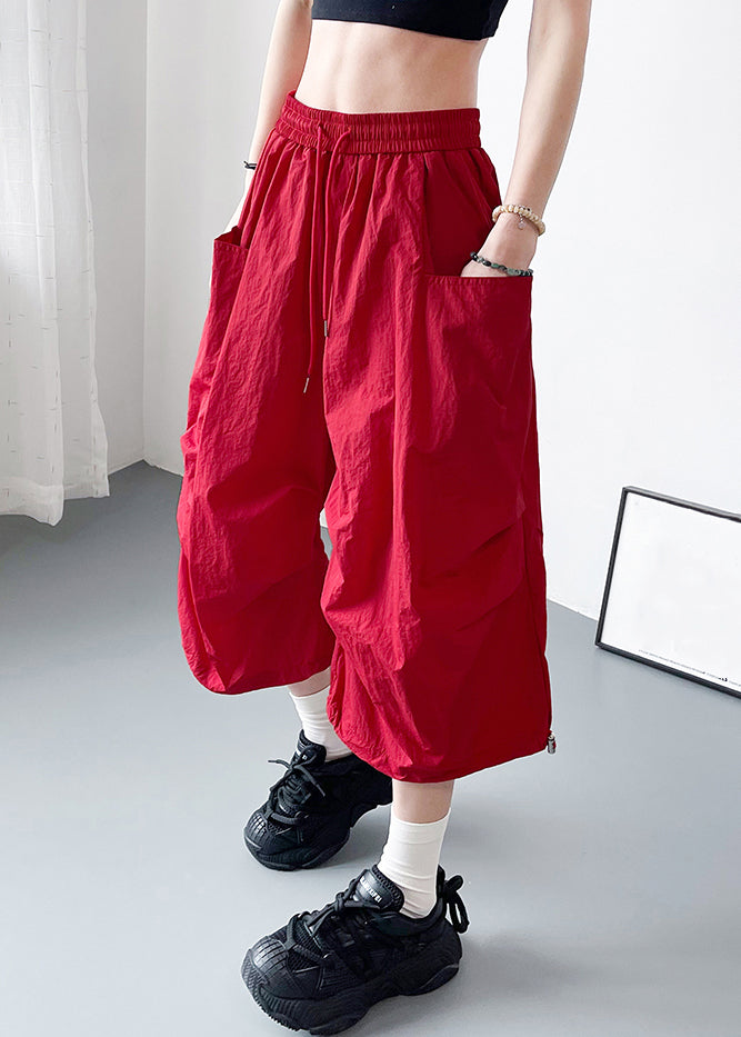 Crop Cotton Summer Size Pockets Pants Red Waist Plus Elastic FashionChic