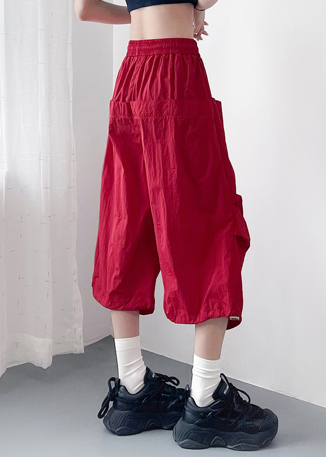 Crop Cotton Summer Size Pockets Pants Red Waist Plus Elastic FashionChic