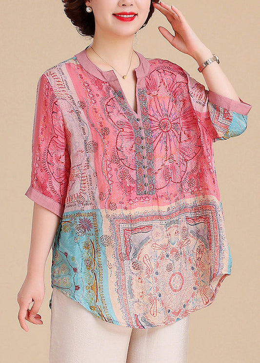 Summer Blouse V Size Cotton Plus Tops Neck Print FashionChic