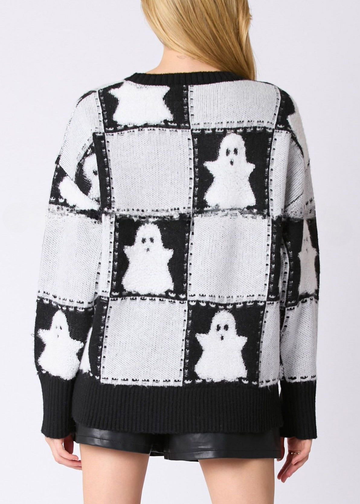 Plus Size White O Neck Plaid Knit Sweater Long Sleeve AE1028 OM-HW240901