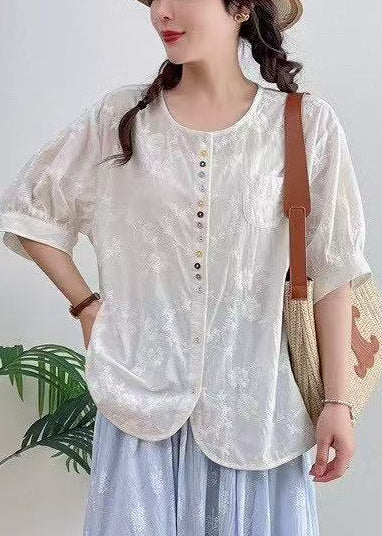 Jacquard Summer Plus Oversized Cotton White Top Size FashionChic