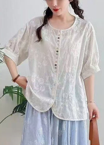 Jacquard Summer Plus Oversized Cotton White Top Size FashionChic