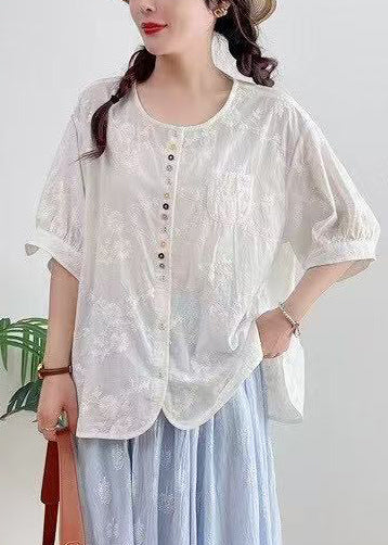 Jacquard Summer Plus Oversized Cotton White Top Size FashionChic