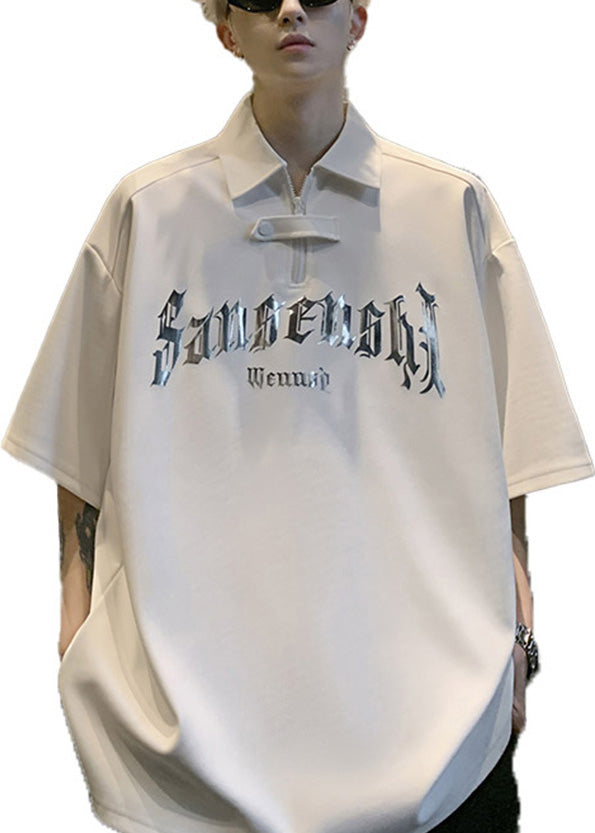 Sequins Men Size Plus Shirt Letter Cotton White Polo And FashionChic