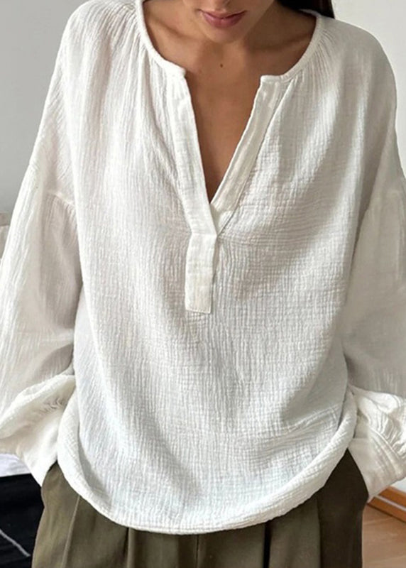 T Plus Neck Size V White Cotton Fall Patchwork Shirts FashionChic