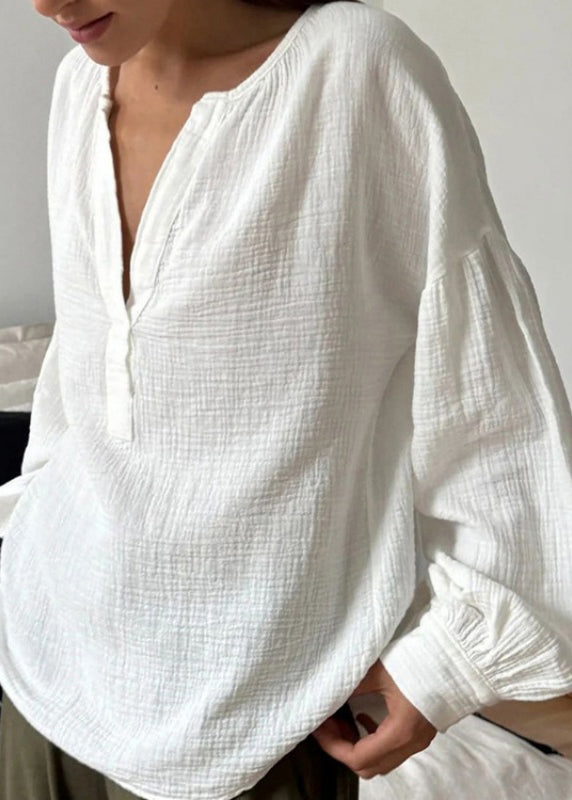 T Plus Neck Size V White Cotton Fall Patchwork Shirts FashionChic