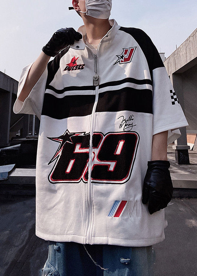 Print White Mens Zip Shirts Half Plus Cotton Up Sleeve Size T FashionChic