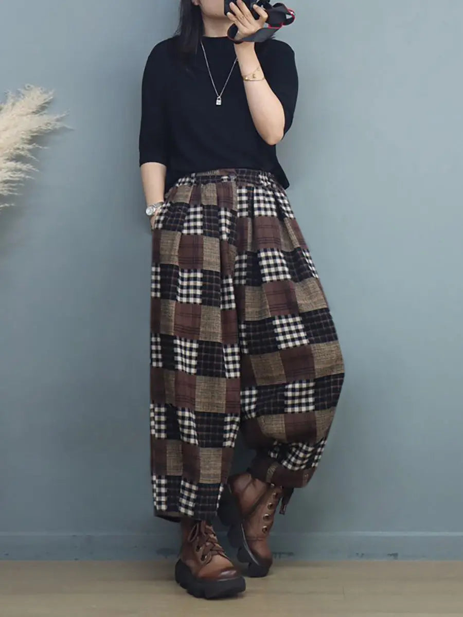 Plus Size Women Autumn Vintage Plaid Harem Pants Ada Fashion