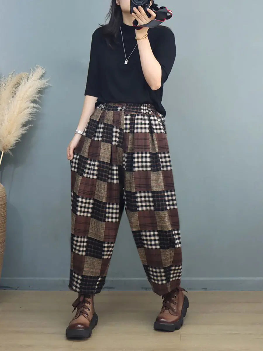 Plus Size Women Autumn Vintage Plaid Harem Pants Ada Fashion