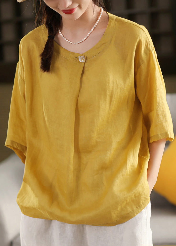 Size Summer Blouse Yellow Linen Neck O Top Plus FashionChic