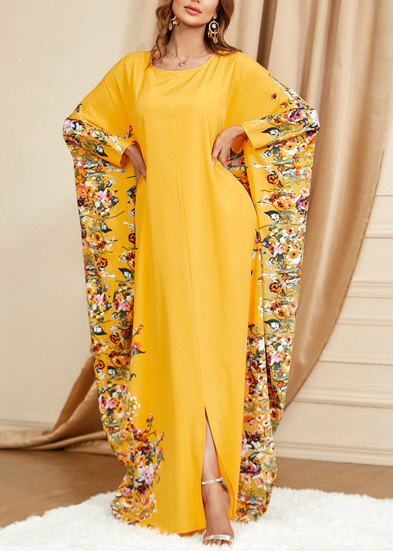 Plus Size Yellow O Neck Print Front Open Cotton Dress Spring AA1057 Ada Fashion