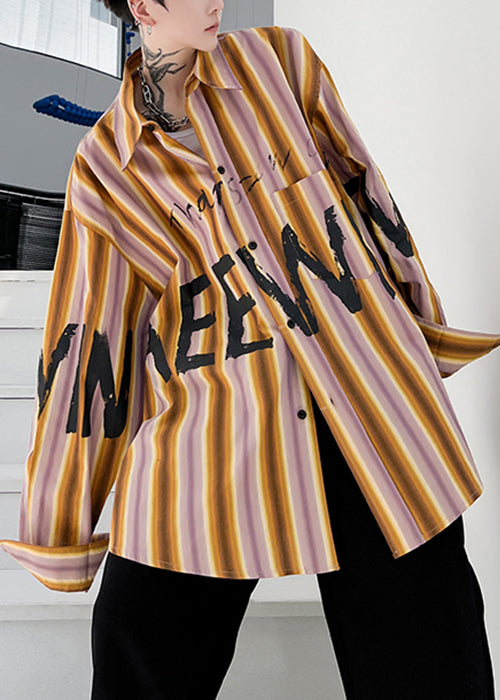 High Shirt Design Yellow Low Plus Letter Striped Men Cotton Size FashionChic