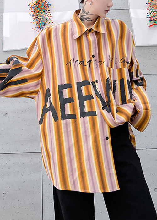 High Shirt Design Yellow Low Plus Letter Striped Men Cotton Size FashionChic