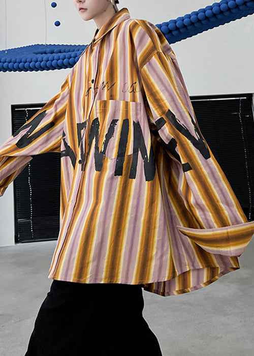 High Shirt Design Yellow Low Plus Letter Striped Men Cotton Size FashionChic