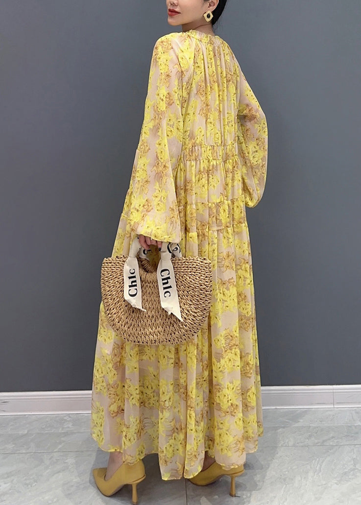 Plus Size Yellow V Neck Ruffled Print Chiffon Long Dresses Fall AY1015 JDML-240828