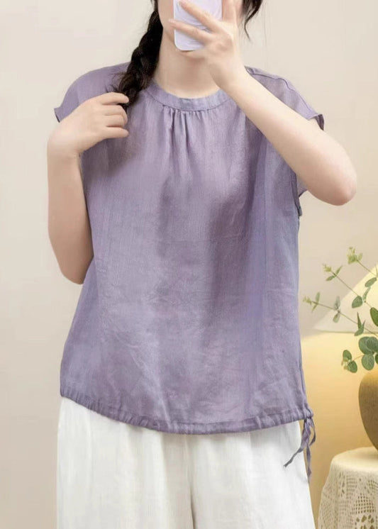 Solid O Linen Lace Purple Up Shirts Neck Summer FashionChic