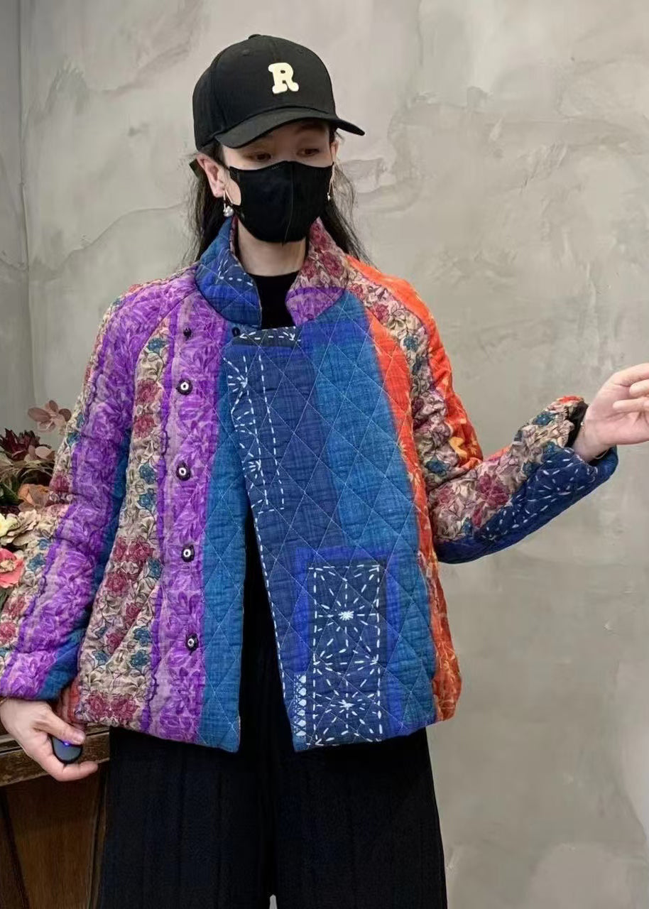 Purple Print Fine Cotton Filled Coats Mandarin Collar Winter YO020 ABC