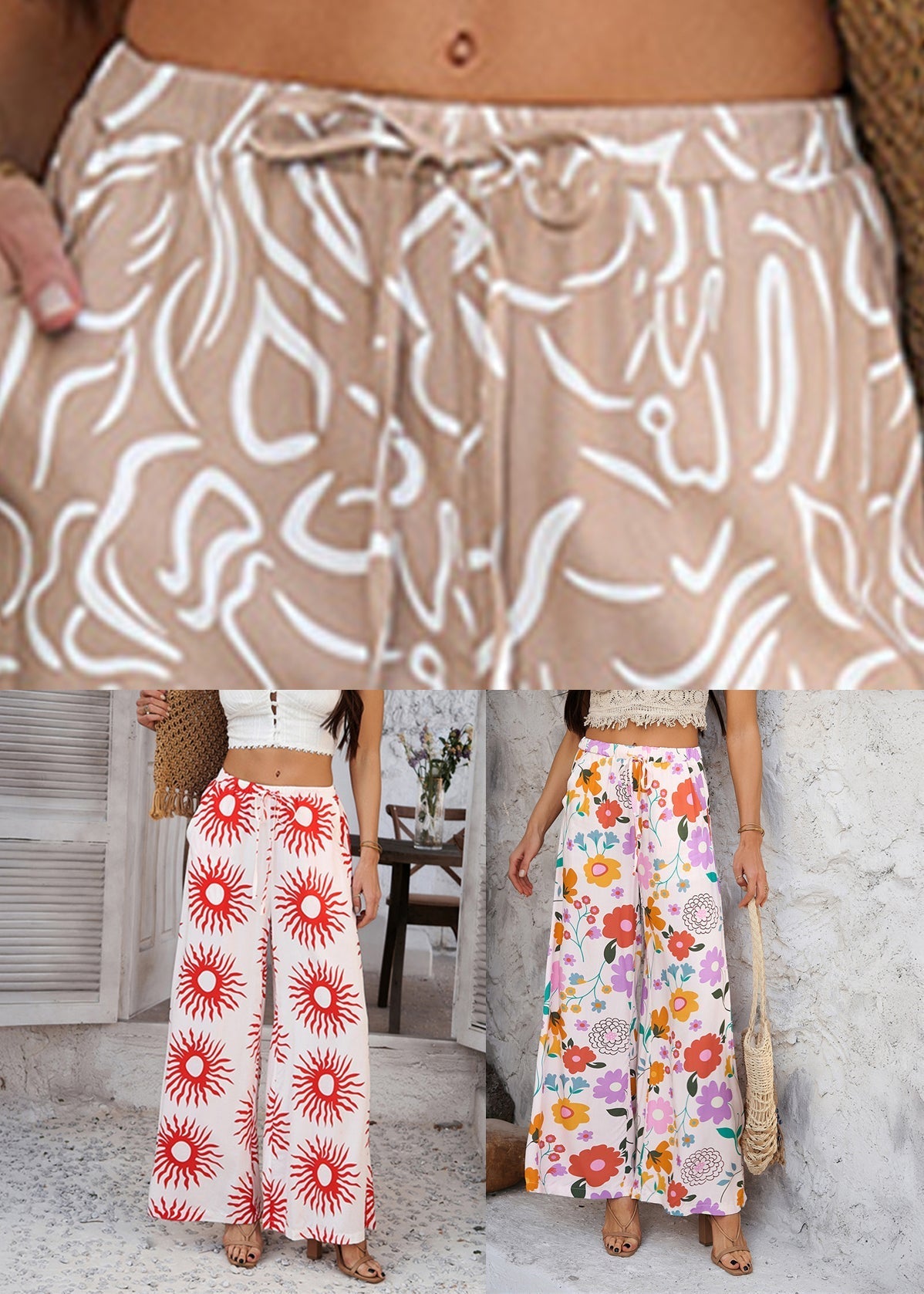 Rainbow Waist Print Vacation Tie Dresses Trousers FashionChic