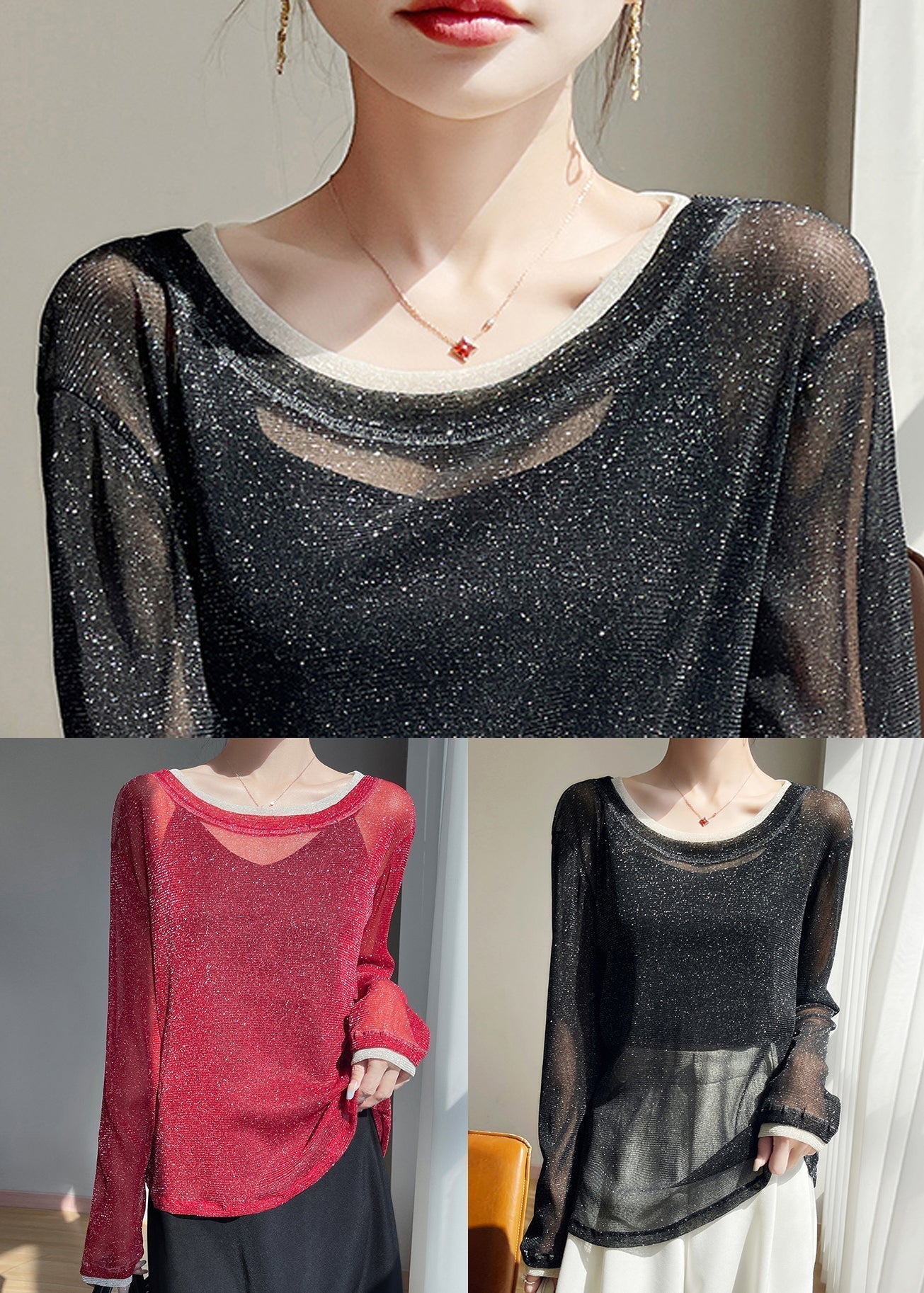 Two Pieces Summer Shirt T Red Neck O Tulle Patchwork False FashionChic