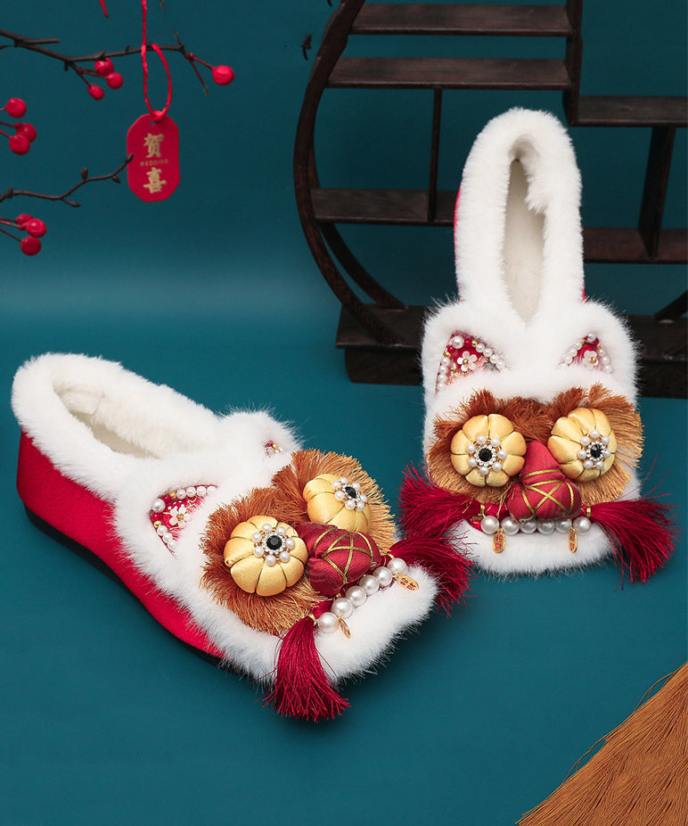 Red Fuzzy Wool Lined Tassel Nail Bead Vintage Splicing Flat Feet Shoes TQ043 ABC
