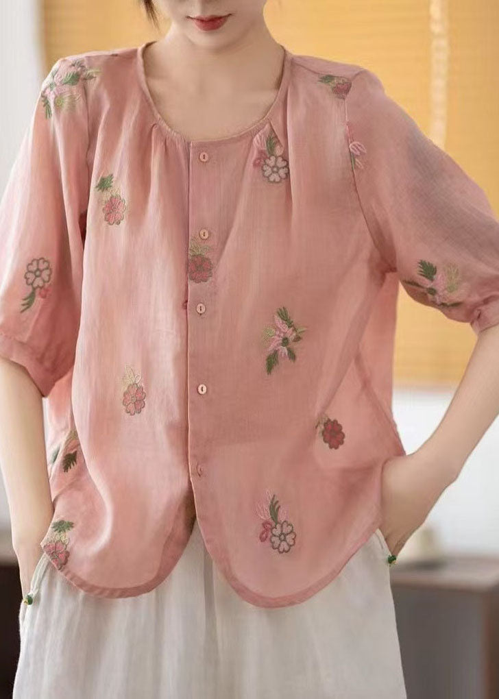 Linen Summer O-Neck Embroidered Shirts Red FashionChic