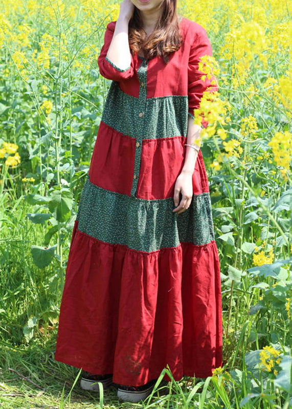 Red O-Neck Wrinkled Patchwork Long Dresses Spring VB1030 Ada Fashion