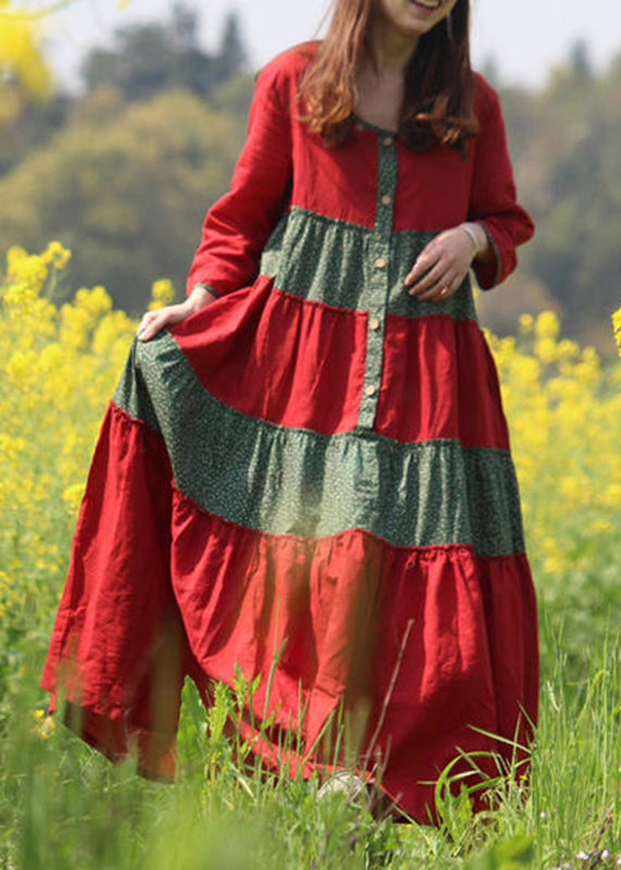 Red O-Neck Wrinkled Patchwork Long Dresses Spring VB1030 Ada Fashion