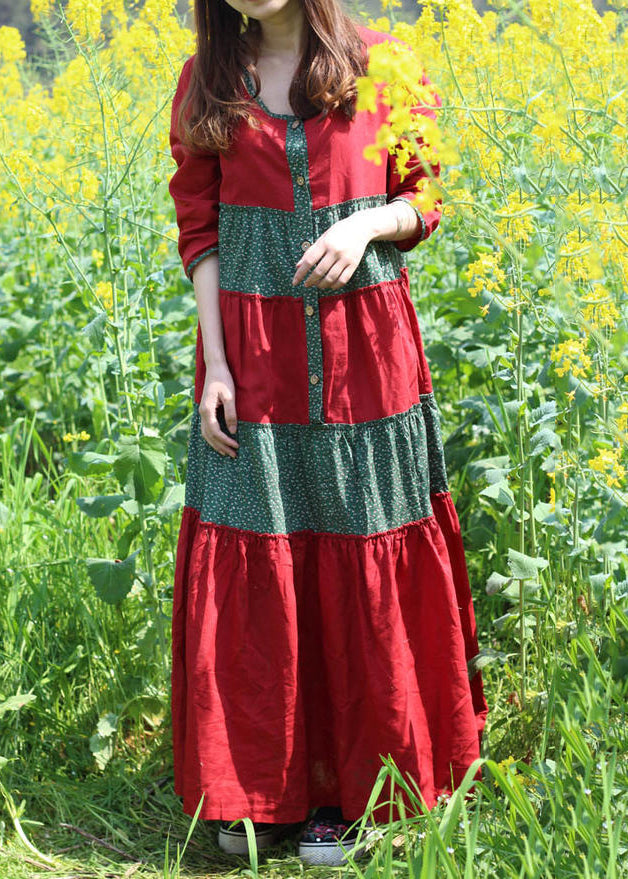 Red O-Neck Wrinkled Patchwork Long Dresses Spring VB1030 Ada Fashion