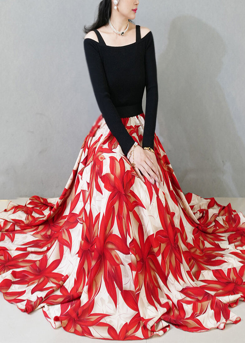Red Print Chiffon Skirt Exra Large Hem Spring YU024 ABC