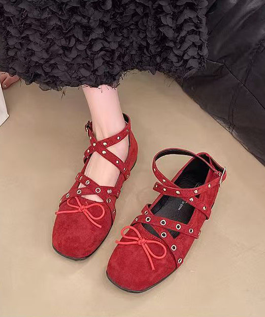 Suede Splicing Feet Red Flat Strap Cross Bow Shoes Rivet FashionChic