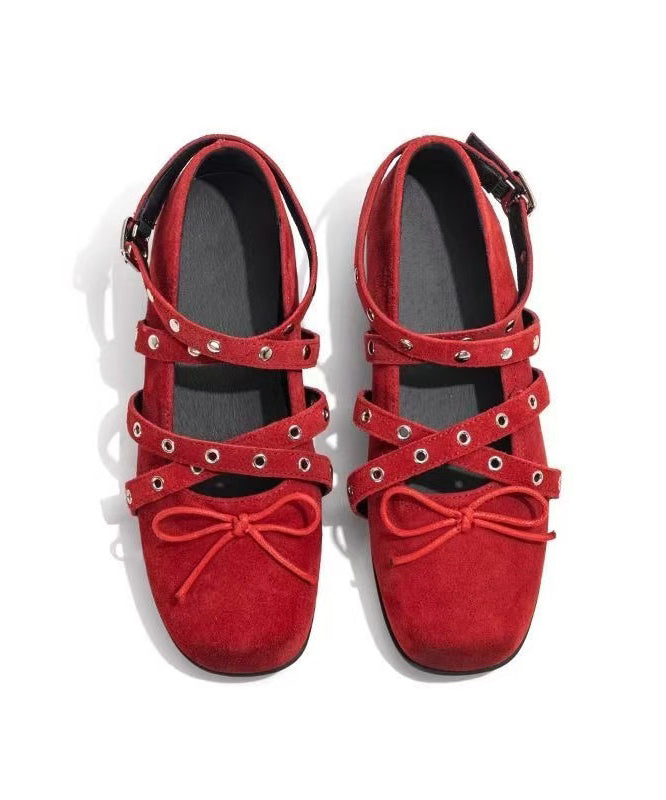 Suede Splicing Feet Red Flat Strap Cross Bow Shoes Rivet FashionChic