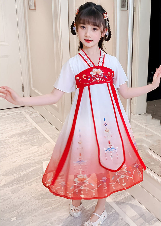 Red V Neck Lace Patchwork Tulle Kids Holiday Maxi Dress Short Sleeve GF015 MM-RCTZ-SDL230724