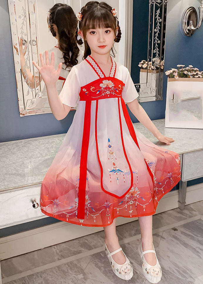 Red V Neck Lace Patchwork Tulle Kids Holiday Maxi Dress Short Sleeve GF015 MM-RCTZ-SDL230724