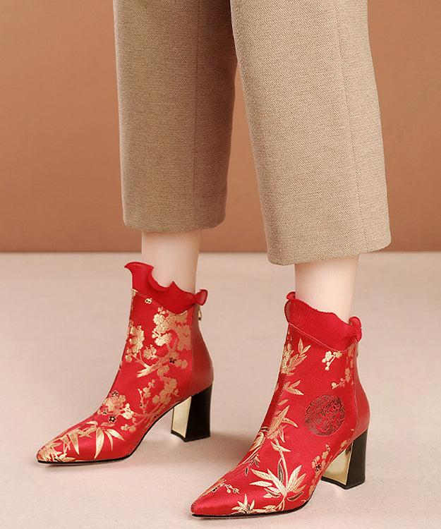 Red Zippered Cowhide Leather Embroidered Chunky Boots RT1080 Ada Fashion