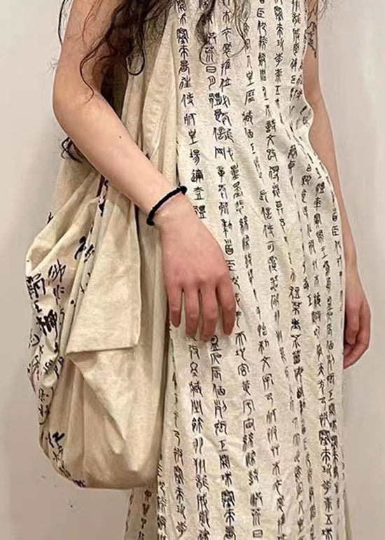 Retro Beige Stand Collar Print Side Open Cotton Dress Sleeveless WW1029 Ada Fashion