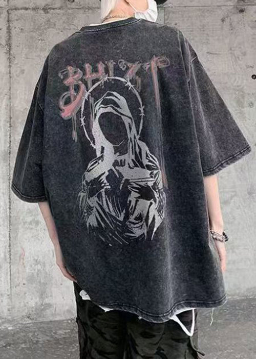 Retro Cotton Shirts Black O-Neck T Print Summer Mens FashionChic