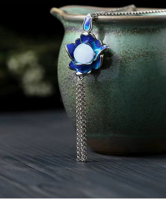 Retro Blue Ancient Gold Jade Lotus Flower Tassel Pendant Necklace KX1071 Ada Fashion