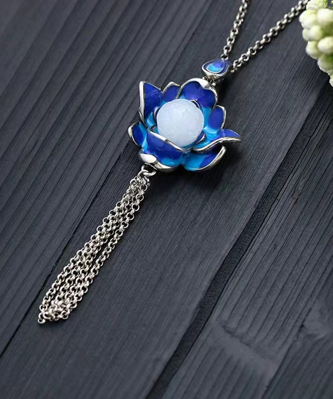 Retro Blue Ancient Gold Jade Lotus Flower Tassel Pendant Necklace KX1071 Ada Fashion