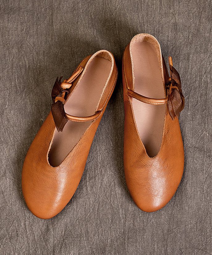 Feet Cowhide Leather Coffee Retro Flat Shoes Comfy FashionChic