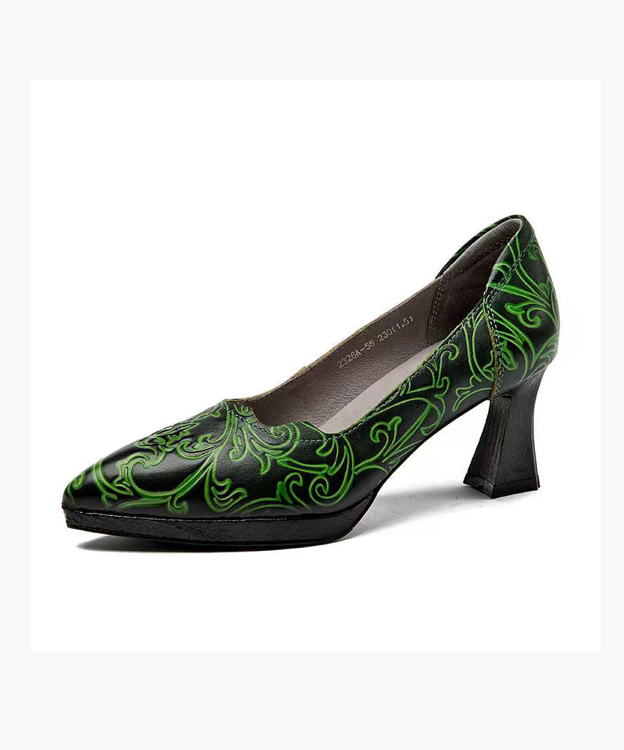 Retro Cowhide Leather Pointed Toe Embossed High Heels CZ1004 Ada Fashion