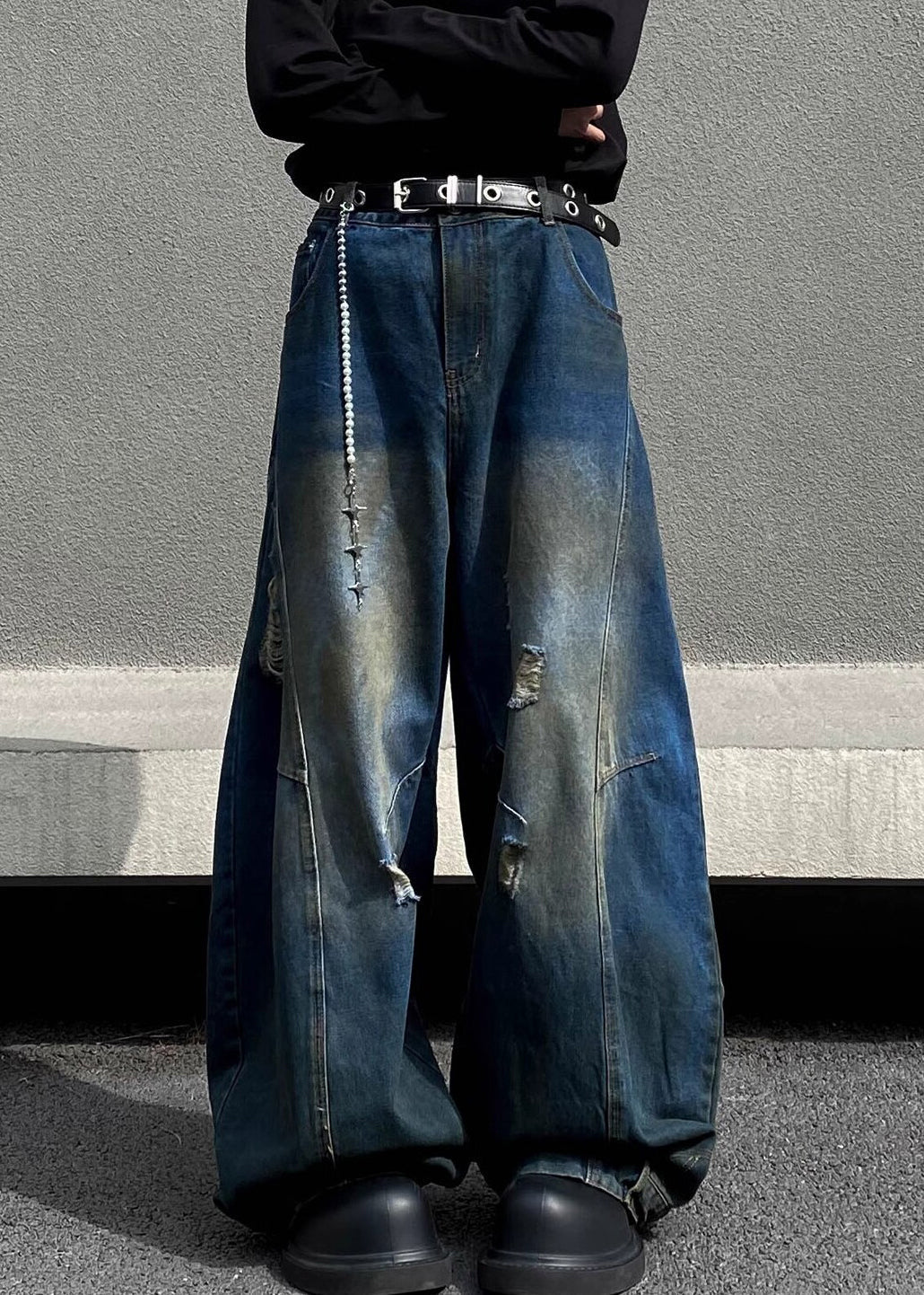 Retro Denim Navy Asymmetrical High Waist Hole Men Pants Fall SA014 Men-casual-MENP240726
