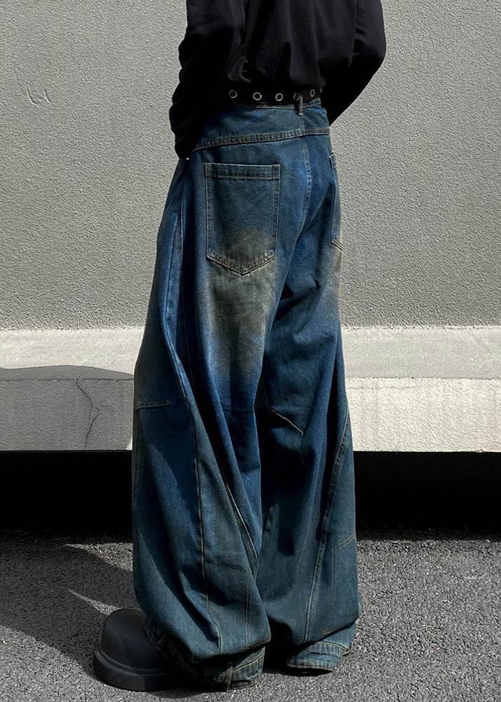Retro Denim Navy Asymmetrical High Waist Hole Men Pants Fall SA014 Men-casual-MENP240726