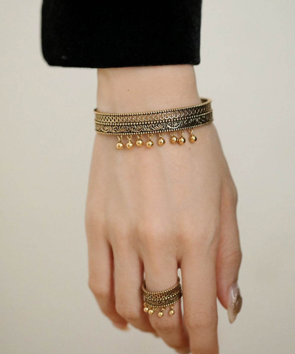 Retro Gold Ancient Dharma Gold Tassel Patchwork Hollow Out Bangle QU025 JEW-BAN241007