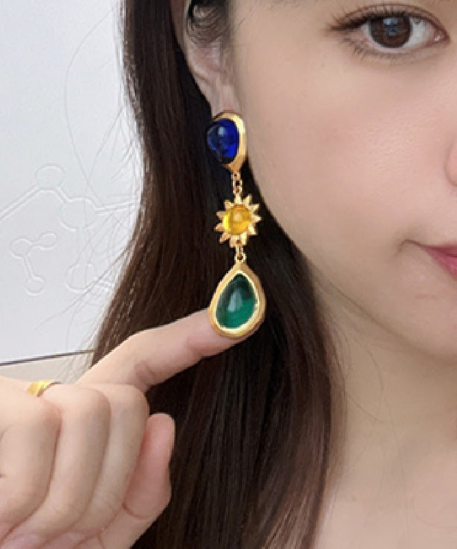 Retro Gold Sterling Silver Overgild Coloured Glaze Crystal Water Drop Drop Earrings WO002 JEW-EAR241109