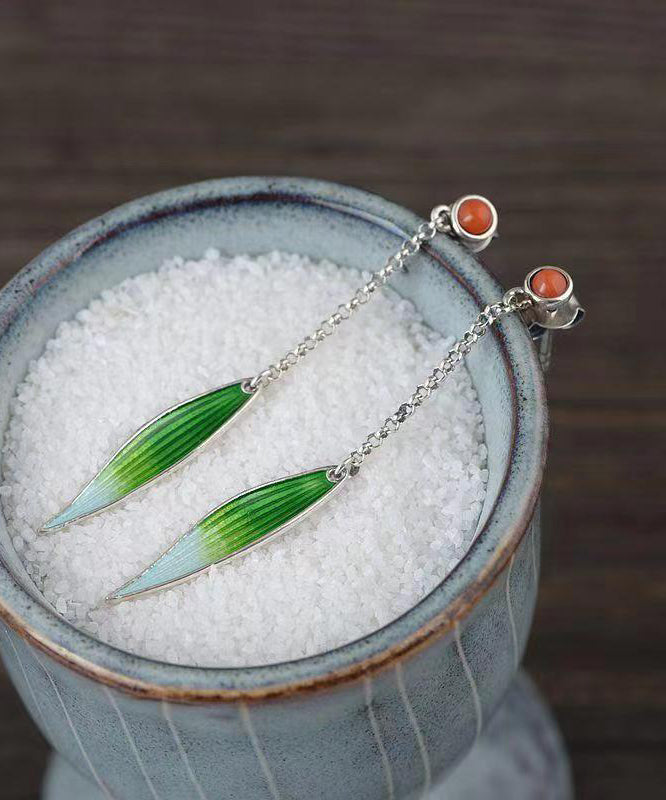 Retro Green Sterling Silver Agate Cloisonne Enamel Bamboo Leaf Drop Earrings QQ057 JEW-EAR240811